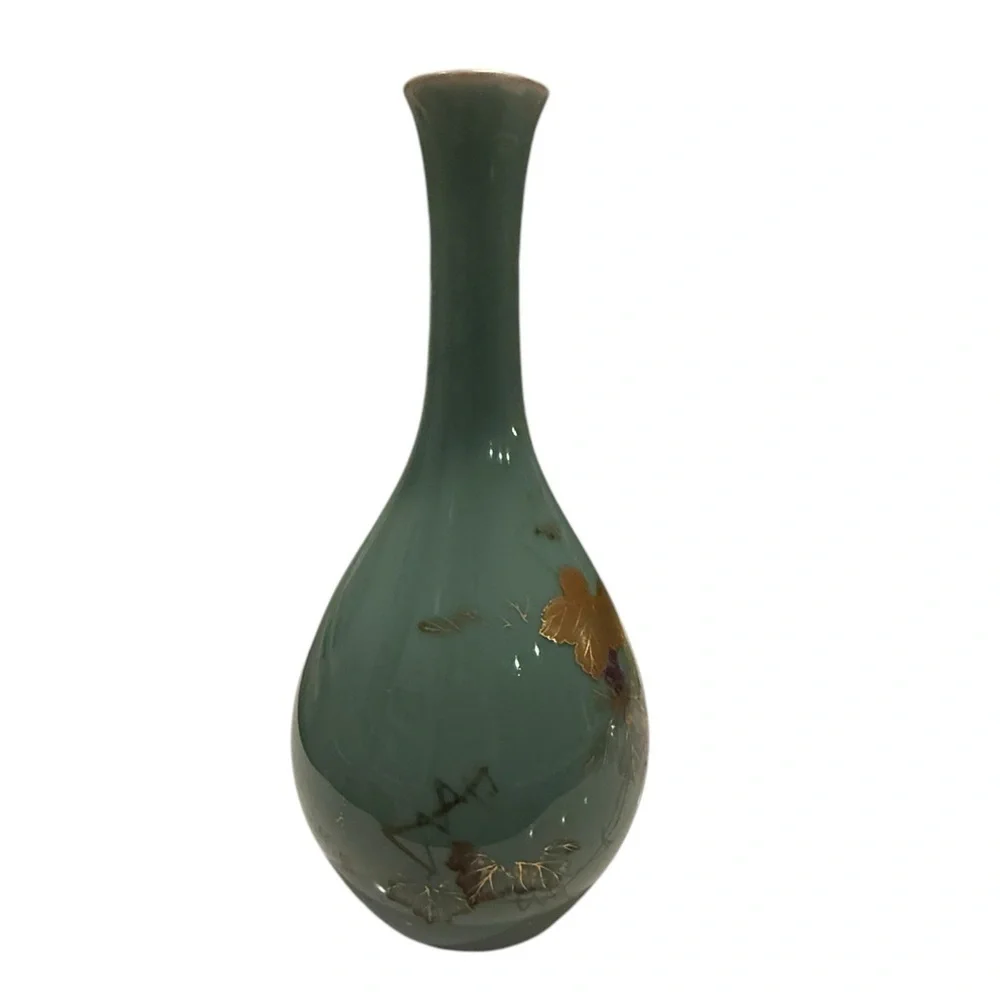 Asian Turquoise Gilt Decorated Crane Neck Porcelain Glazed Large Vase #2
